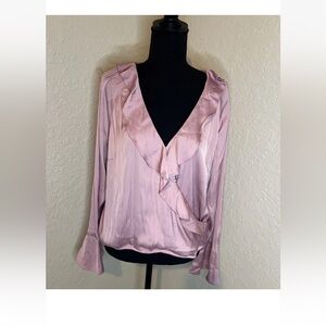 A New Day Women's Size XL Pink Flounce Long Sleeve V-Neck Ruffle Wrap Blouse